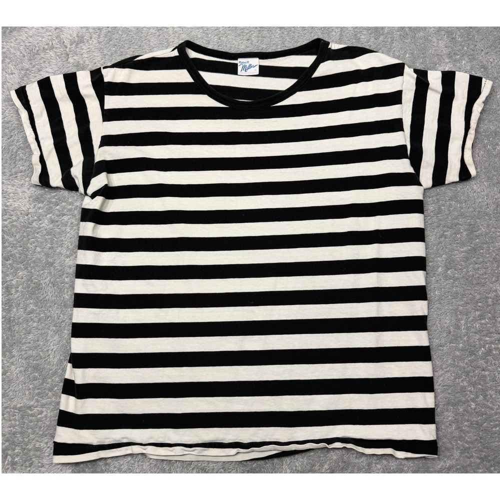 Robert P Miller T Shirt Womens M Black White Striped Cotton Crew Neck USA Made